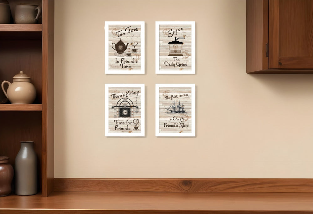 HomeRoots Set of Four Friendship Prints – Elegant White Framed Wall Art for Kitchen & Dining Decor 405929