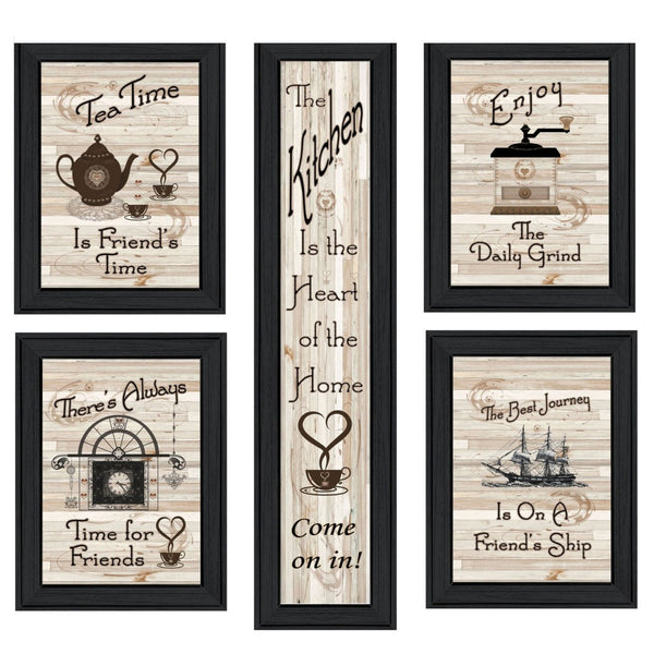 HomeRoots Set of Five Kitchen Friendship Framed Prints - Modern Art for a Warm and Stylish Dining Space Charcoal 405939