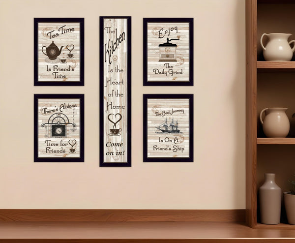 HomeRoots Set of Five Kitchen Friendship Framed Prints - Modern Art for a Warm and Stylish Dining Space Black 405940