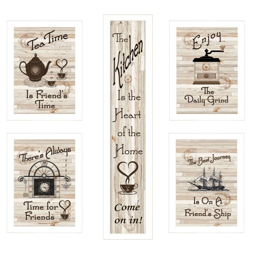 HomeRoots Set of Five Kitchen Friendship Framed Prints - Modern Art for a Warm and Stylish Dining Space White 405941