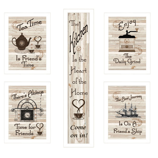 HomeRoots Set of Five Kitchen Friendship Framed Prints - Modern Art for a Warm and Stylish Dining Space White 405941
