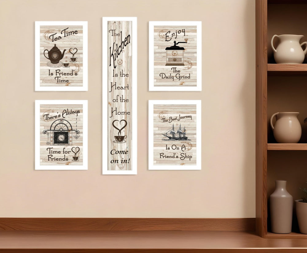 HomeRoots Set of Five Kitchen Friendship Framed Prints - Modern Art for a Warm and Stylish Dining Space White 405941