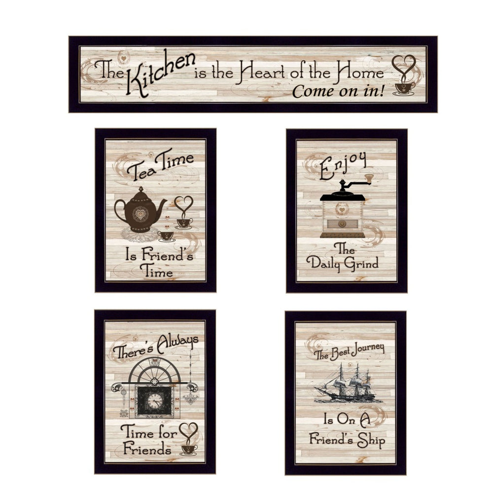 HomeRoots Set of Five Kitchen Friendship Collection II Framed Prints for a Chic Gallery Wall Decor Black 405944