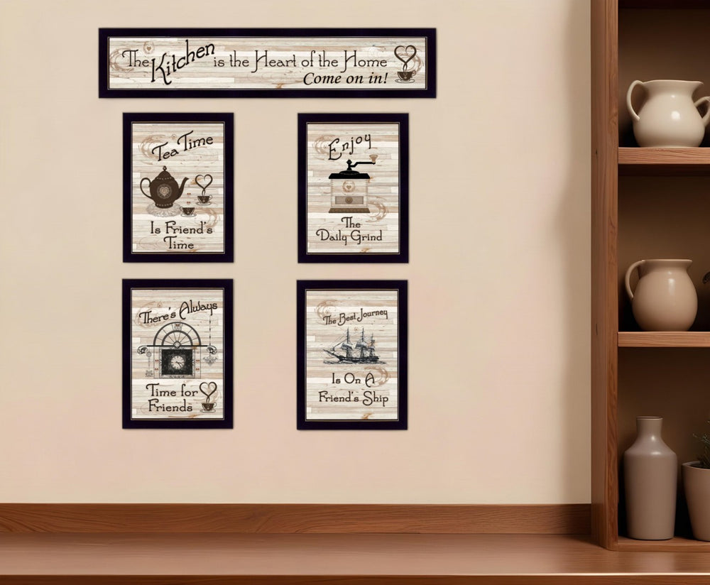 HomeRoots Set of Five Kitchen Friendship Collection II Framed Prints for a Chic Gallery Wall Decor Black 405944
