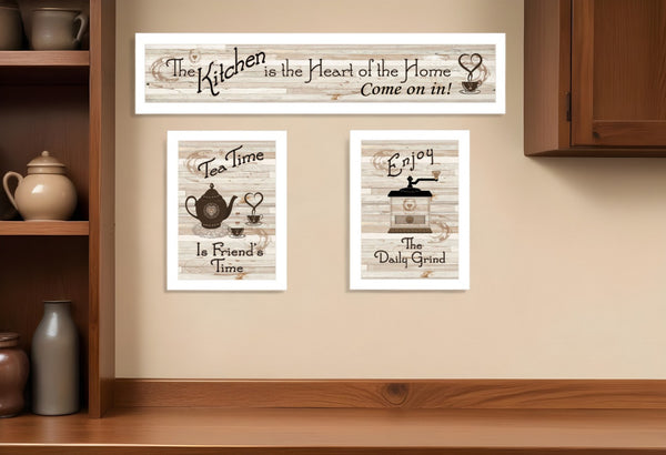 HomeRoots Set of Three Kitchen Wall Art Prints - Cheerful Coffee & Tea Designs in Modern White Frames 405949
