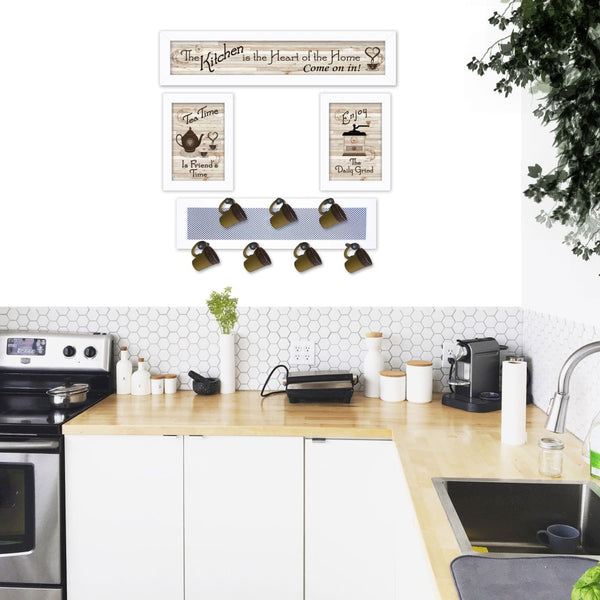 HomeRoots Set of Four Kitchen Collection IV with Seven-Peg Mug Rack - Charming Art & Functional Storage Decor White 405956
