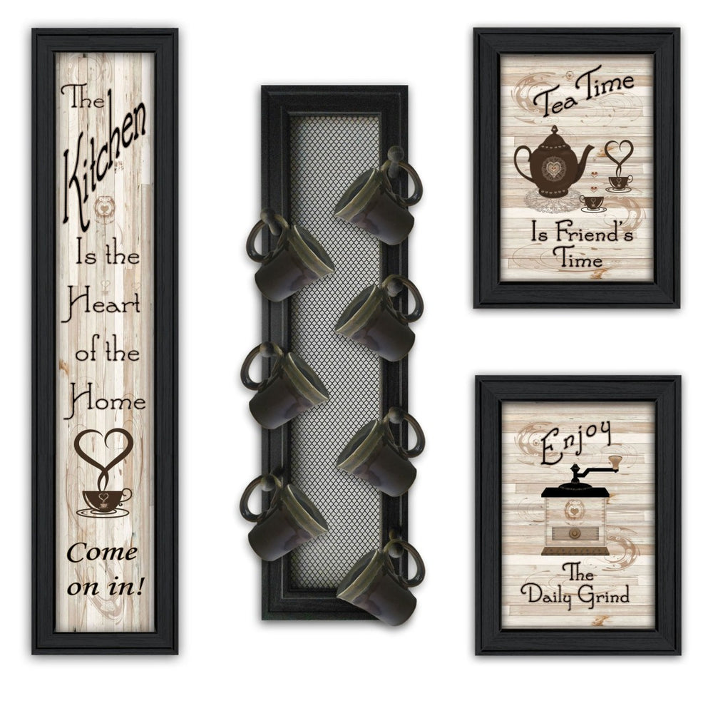 HomeRoots Set of Four Framed Kitchen Prints with Seven-Peg Mug Rack Design for Modern Décor & Easy Style Upgrade 405957