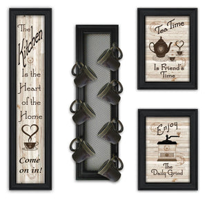 HomeRoots Set of Four Framed Kitchen Prints with Seven-Peg Mug Rack Design for Modern Décor & Easy Style Upgrade 405957