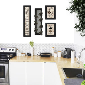 HomeRoots Set of Four Framed Kitchen Prints with Seven-Peg Mug Rack Design for Modern Décor & Easy Style Upgrade 405957