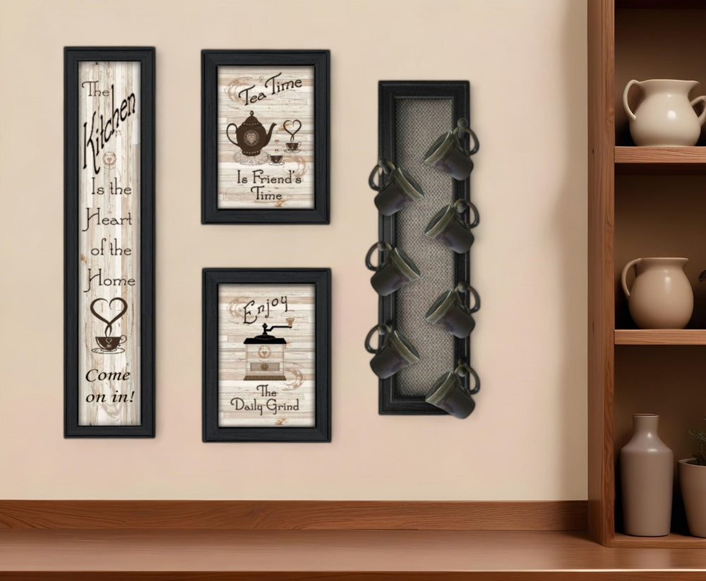 HomeRoots Set of Four Framed Kitchen Prints with Seven-Peg Mug Rack Design for Modern Décor & Easy Style Upgrade 405957
