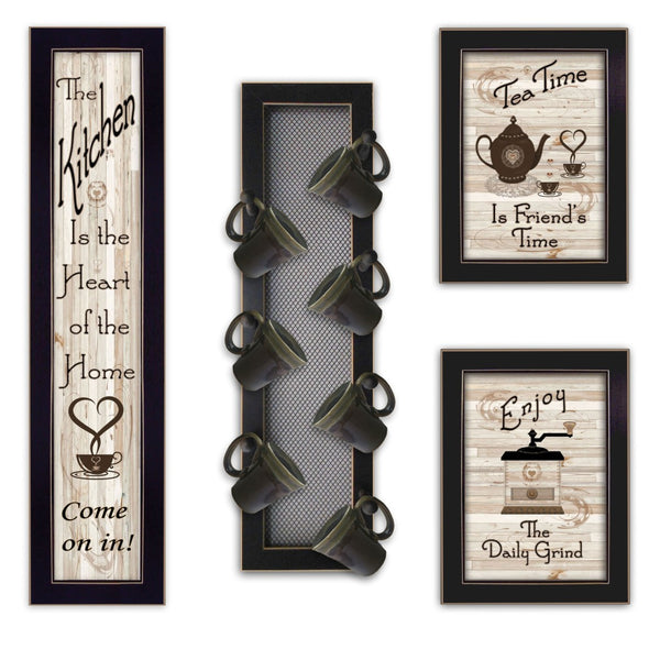 HomeRoots Set of Four Kitchen Collection with Modern Café Framed Prints for Stylish Wall Décor Enhancement Black 405958