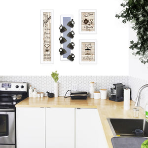 HomeRoots Set of Four Kitchen Collection with Modern Café Framed Prints for Stylish Wall Décor Enhancement White 405959