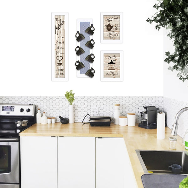 HomeRoots Set of Four Kitchen Collection with Modern Café Framed Prints for Stylish Wall Décor Enhancement White 405959