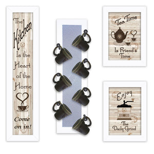HomeRoots Set of Four Kitchen Collection with Modern Café Framed Prints for Stylish Wall Décor Enhancement White 405959