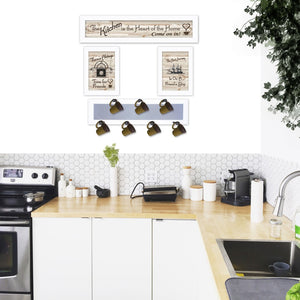 HomeRoots Set of Four Kitchen Collection VI with Seven-Peg Mug Rack - Stylish Wall Art and Functional Decor White 405962