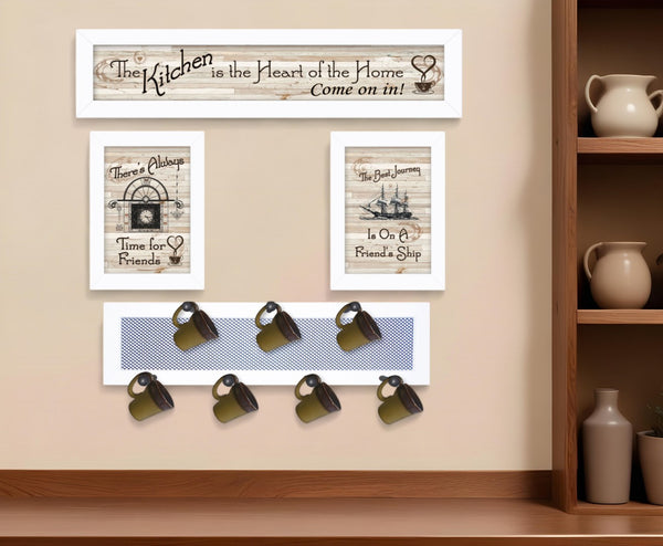 HomeRoots Set of Four Kitchen Collection VI with Seven-Peg Mug Rack - Stylish Wall Art and Functional Decor White 405962