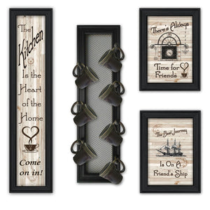 HomeRoots Set of Four Framed Kitchen Wall Art Prints - Stylish Seven-Peg Mug Rack Design for Décor Refresh Charcoal 405963