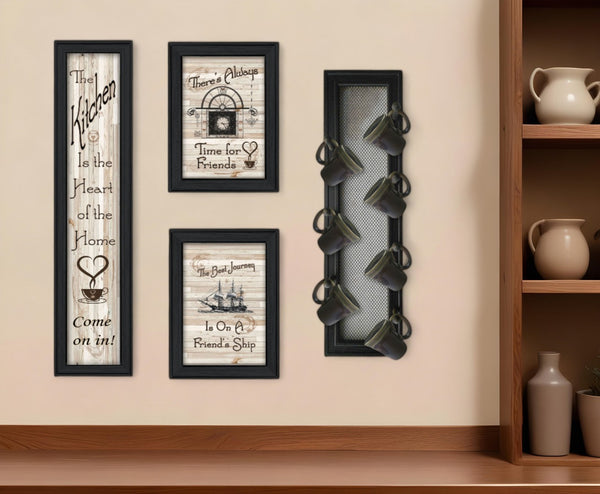 HomeRoots Set of Four Framed Kitchen Wall Art Prints - Stylish Seven-Peg Mug Rack Design for Décor Refresh Charcoal 405963
