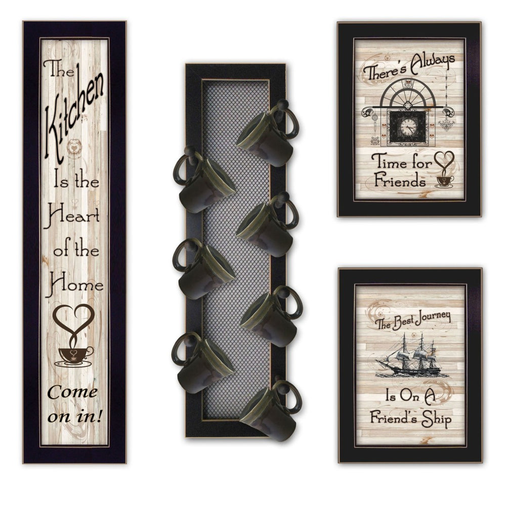 HomeRoots Set of Four Kitchen Collection VII - Stylish Framed Wall Art with Seven Peg Mug Rack for Modern Decor 405964