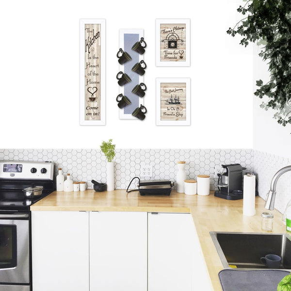 HomeRoots Set of Four Framed Kitchen Wall Art Prints - Stylish Seven-Peg Mug Rack Design for Décor Refresh White 405965