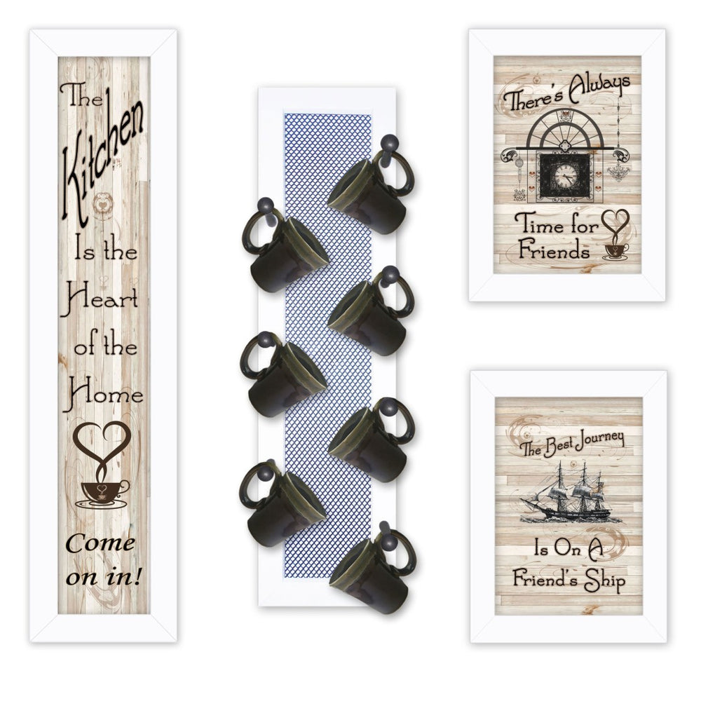 HomeRoots Set of Four Framed Kitchen Wall Art Prints - Stylish Seven-Peg Mug Rack Design for Décor Refresh White 405965