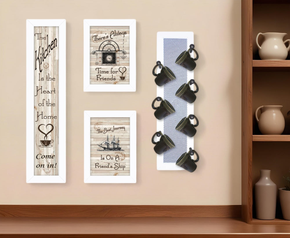 HomeRoots Set of Four Framed Kitchen Wall Art Prints - Stylish Seven-Peg Mug Rack Design for Décor Refresh White 405965