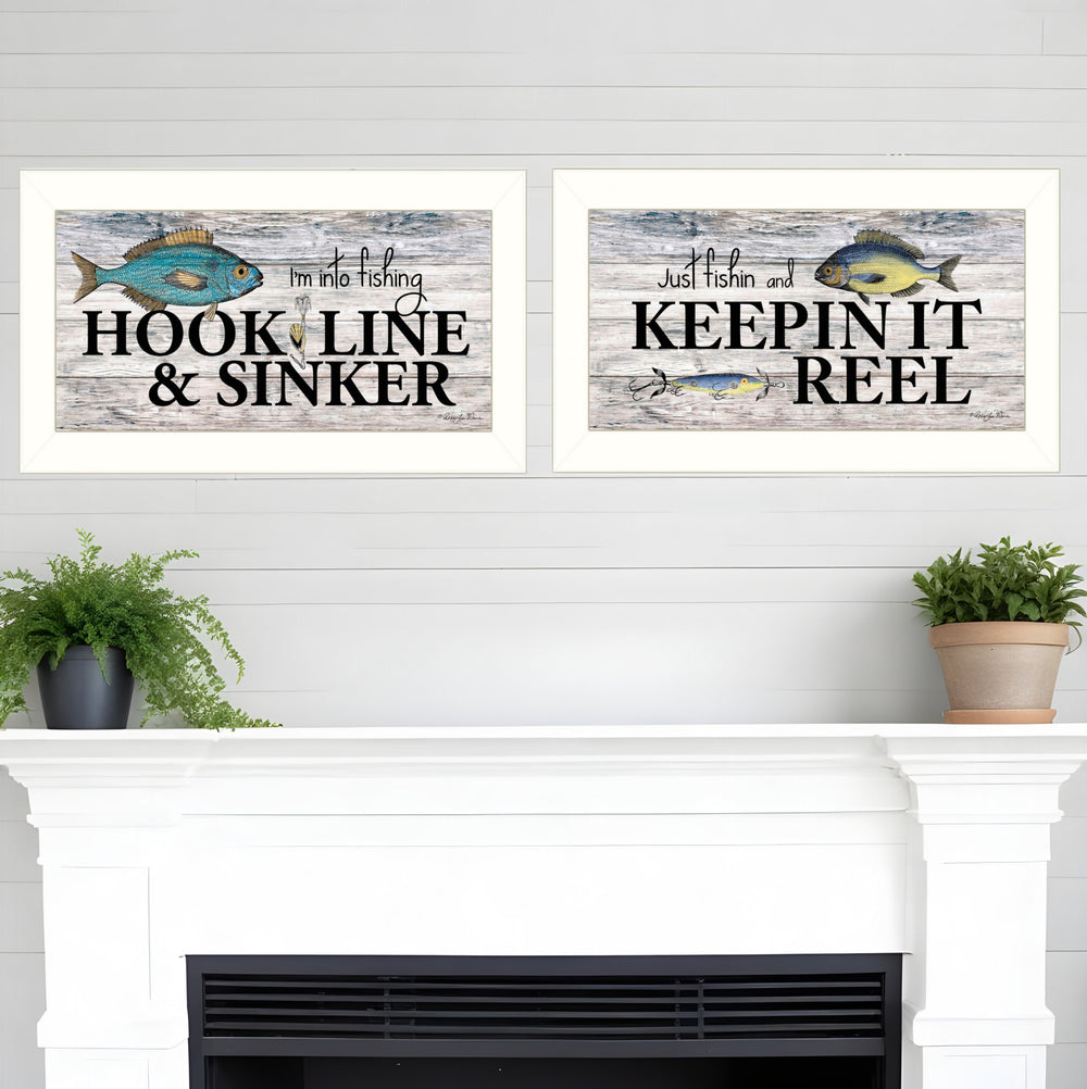 Homeroots Set Of Two Fishing Combo 2 White Framed Print Wall Art  Wood Paper And Texture 405976