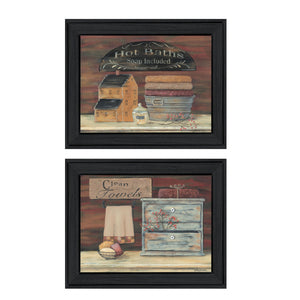 Homeroots Set Of Two Hot Bath Or Clean Towels Black Framed Print Bathroom Wall Art  Wood Paper And Texture 405977