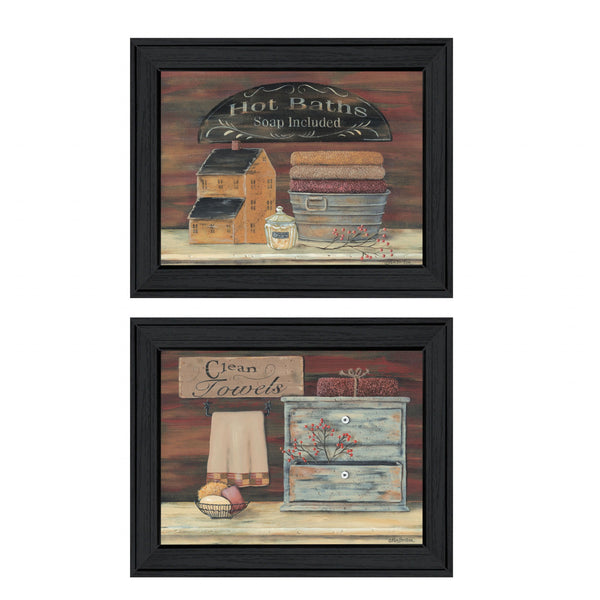 Homeroots Set Of Two Hot Bath Or Clean Towels Black Framed Print Bathroom Wall Art  Wood Paper And Texture 405977