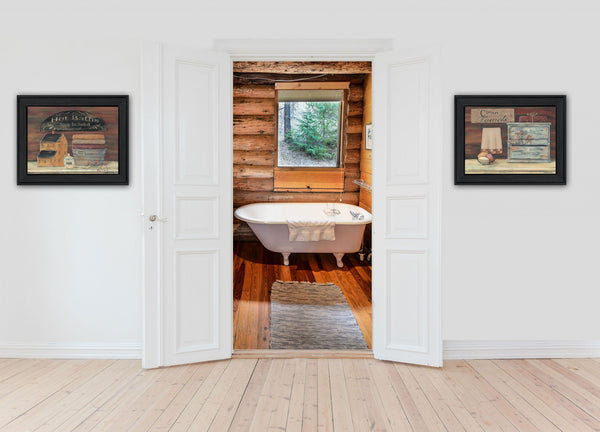 Homeroots Set Of Two Hot Bath Or Clean Towels Black Framed Print Bathroom Wall Art  Wood Paper And Texture 405977