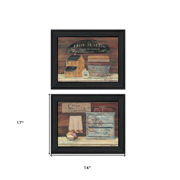 Homeroots Set Of Two Hot Bath Or Clean Towels Black Framed Print Bathroom Wall Art  Wood Paper And Texture 405977