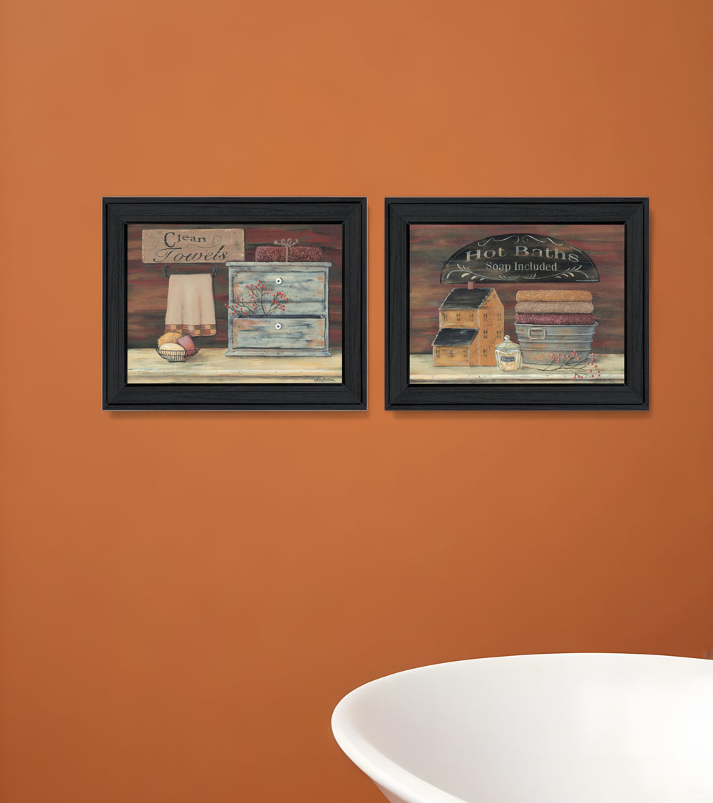 Homeroots Set Of Two Hot Bath Or Clean Towels Black Framed Print Bathroom Wall Art  Wood Paper And Texture 405977