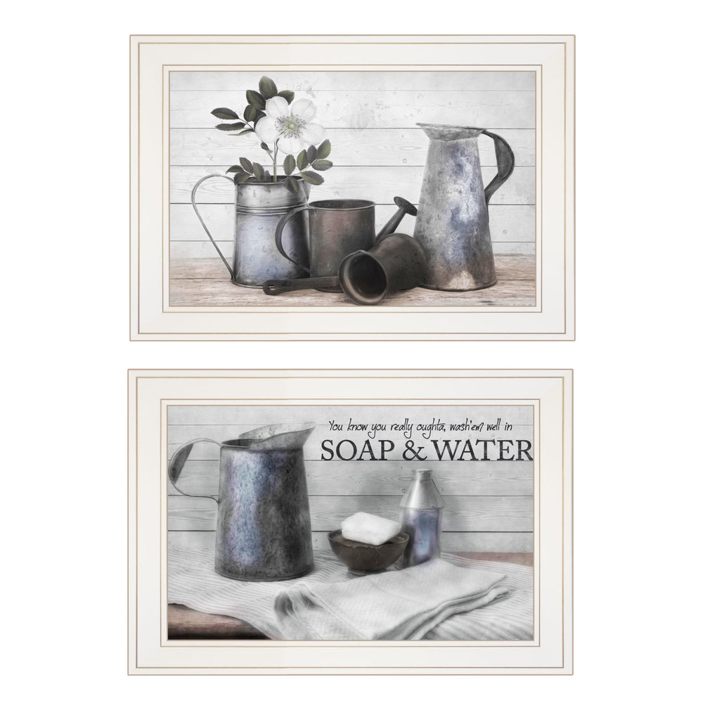 Homeroots Set Of Two Soap Or Floral 1 White Framed Print Bathroom Wall Art  Wood Paper And Texture 405980