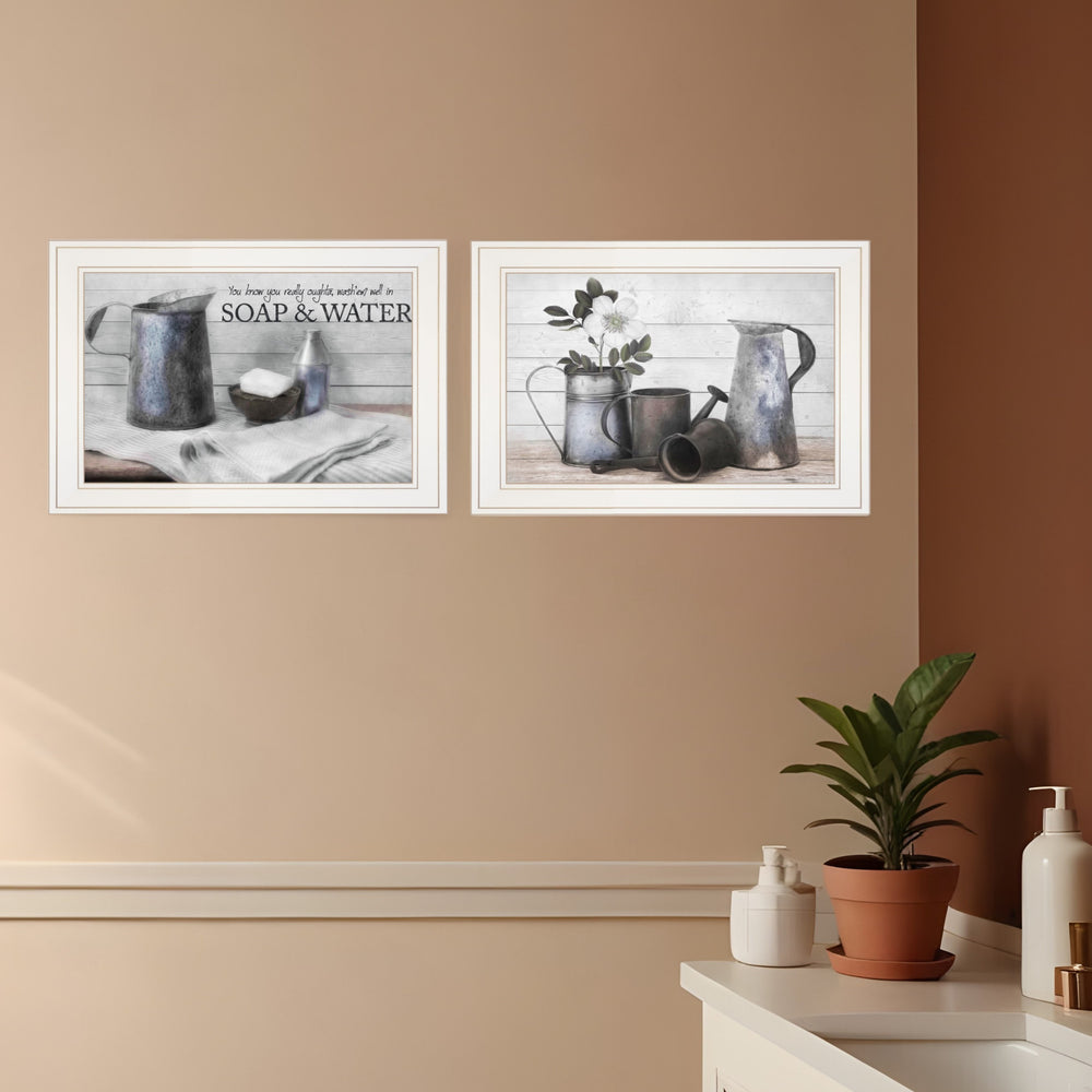 Homeroots Set Of Two Soap Or Floral 1 White Framed Print Bathroom Wall Art  Wood Paper And Texture 405980