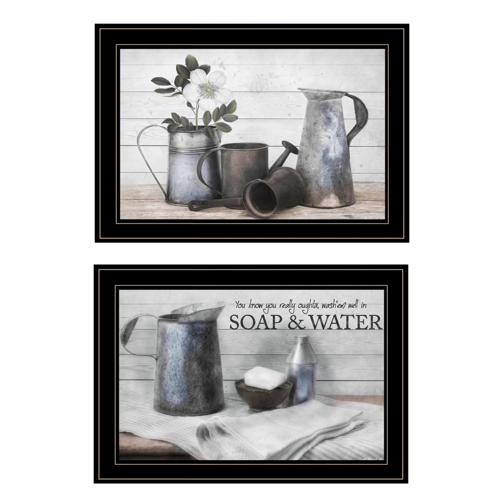 Homeroots Set Of Two Soap Or Floral 2 Black Framed Print Bathroom Wall Art Black And Gold Wood Paper And Texture 405981