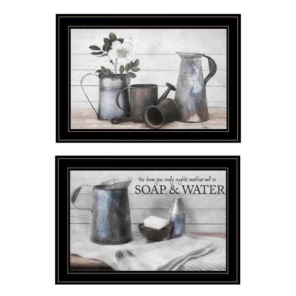 Homeroots Set Of Two Soap Or Floral 2 Black Framed Print Bathroom Wall Art Black And Gold Wood Paper And Texture 405981