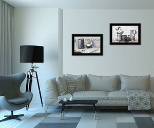 Homeroots Set Of Two Soap Or Floral 2 Black Framed Print Bathroom Wall Art Black And Gold Wood Paper And Texture 405981