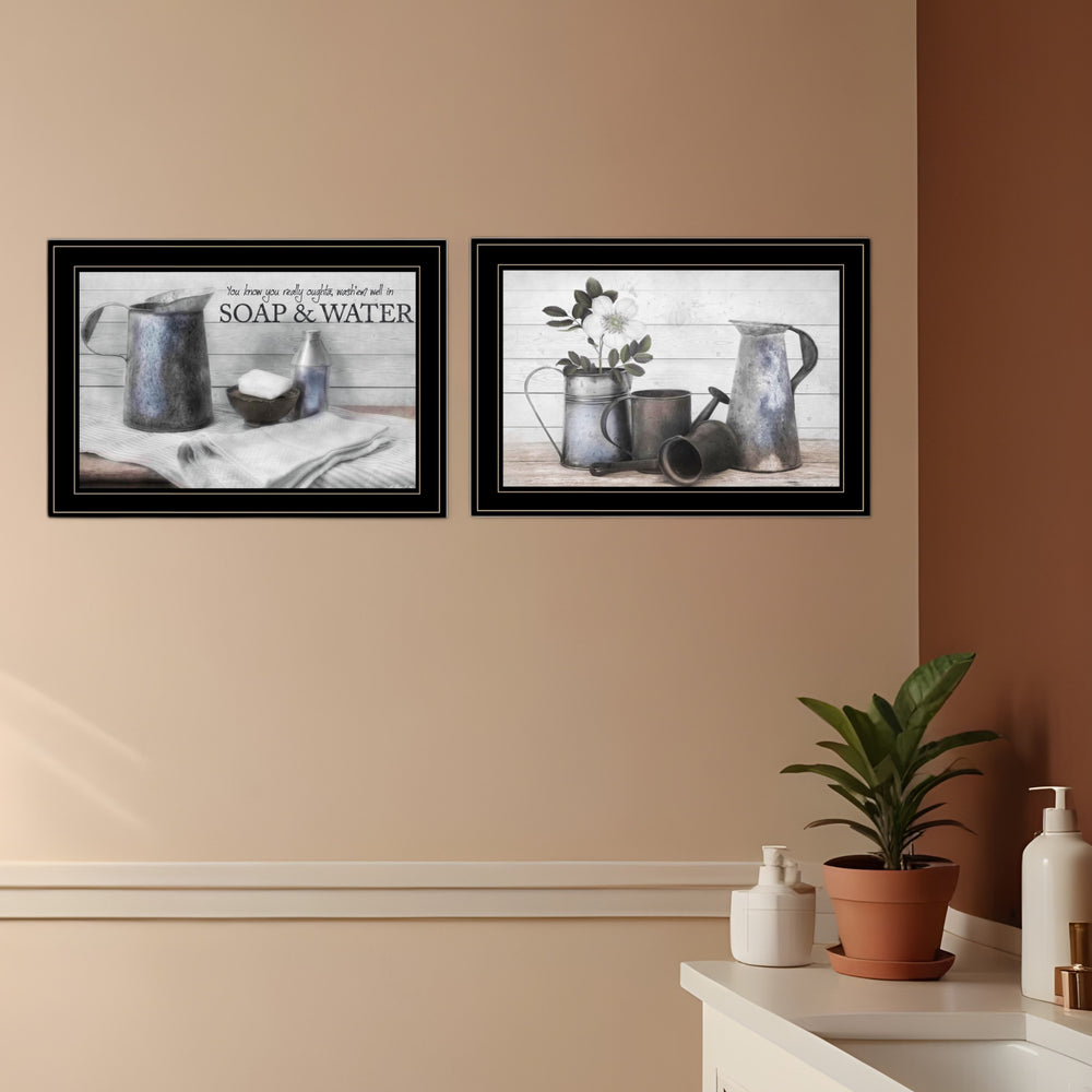 Homeroots Set Of Two Soap Or Floral 2 Black Framed Print Bathroom Wall Art Black And Gold Wood Paper And Texture 405981