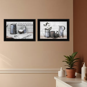 Homeroots Set Of Two Soap Or Floral 2 Black Framed Print Bathroom Wall Art Black And Gold Wood Paper And Texture 405981