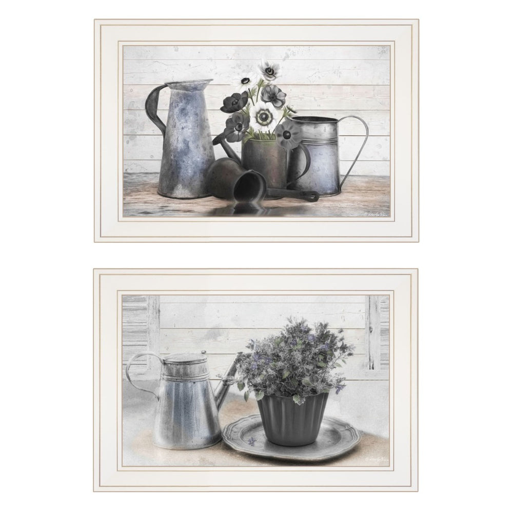 HomeRoots Set of Two Floral Tin Ware Prints - Vintage Charm Framed Wall Art for Modern Home Décor White 405982