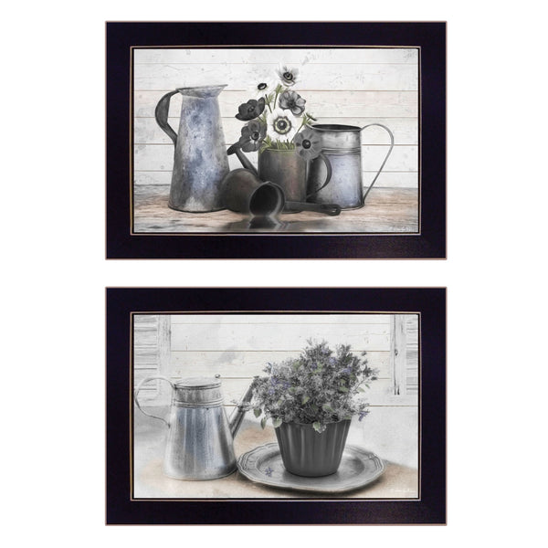 Homeroots Set Of Two Floral With Tin Ware 2 Black Framed Print Wall Art  Wood Paper And Texture 405983