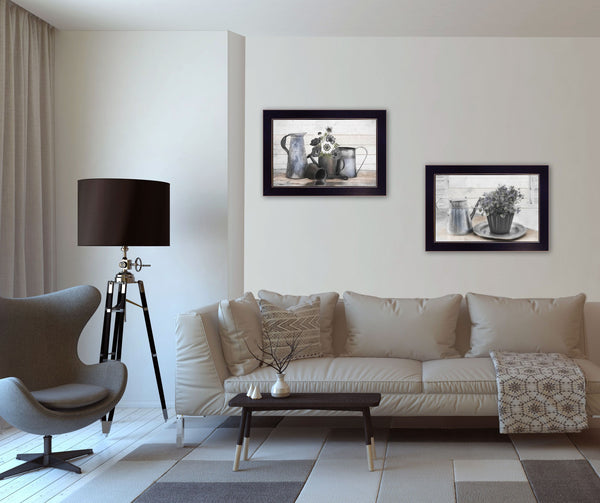 Homeroots Set Of Two Floral With Tin Ware 2 Black Framed Print Wall Art  Wood Paper And Texture 405983