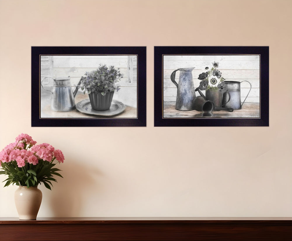 Homeroots Set Of Two Floral With Tin Ware 2 Black Framed Print Wall Art  Wood Paper And Texture 405983