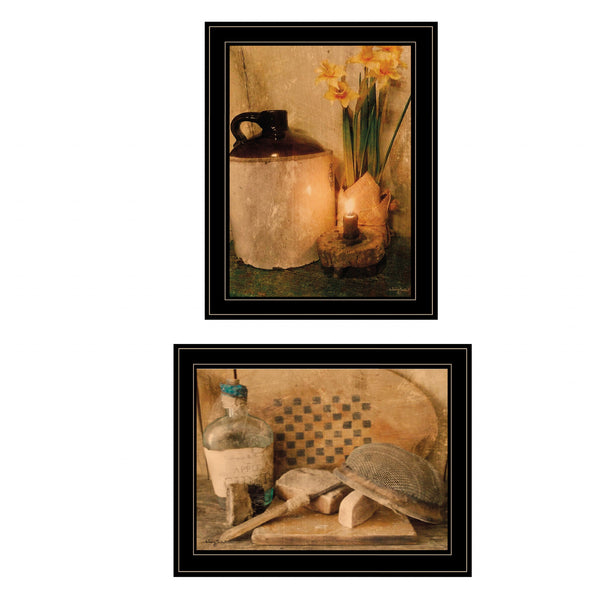 Homeroots Set Of Two Daffodils And Cider 2 Black Framed Print Bathroom Wall Art Black And Gold Wood Paper And Texture 405987
