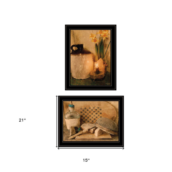 Homeroots Set Of Two Daffodils And Cider 2 Black Framed Print Bathroom Wall Art Black And Gold Wood Paper And Texture 405987