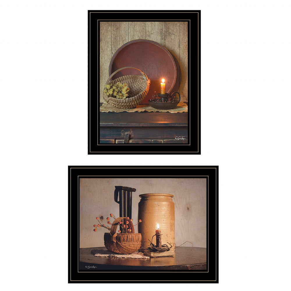 Homeroots Set Of Two Red Bowl Or Bittersweet Basket 2 Black Framed Print Wall Art  Wood Paper And Texture 405998