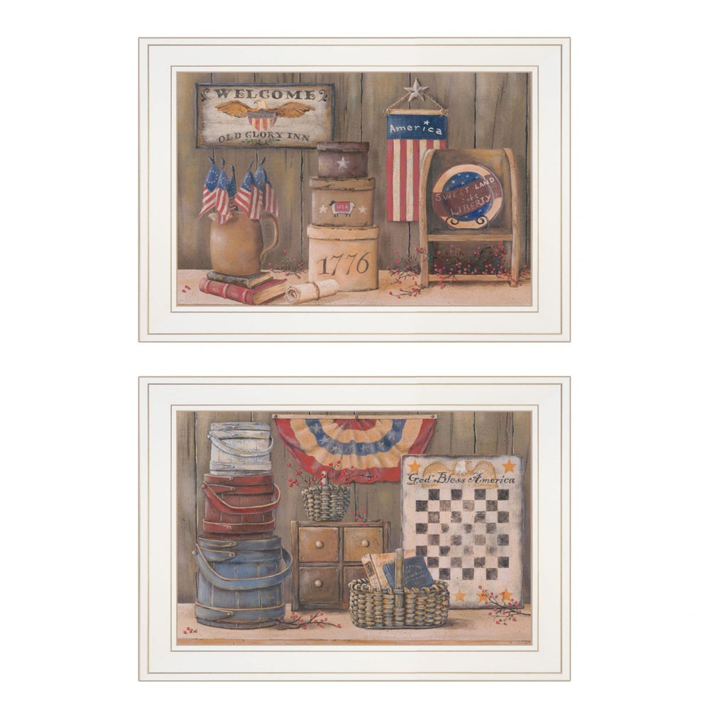 HomeRoots Set of Two White Framed Prints - Contemporary God Bless or Sweet Land Wall Art for Stylish Decor 405999