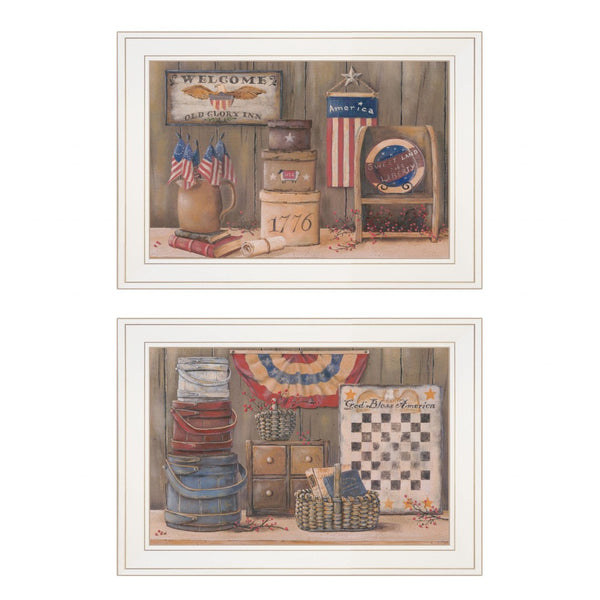 HomeRoots Set of Two White Framed Prints - Contemporary God Bless or Sweet Land Wall Art for Stylish Decor 405999