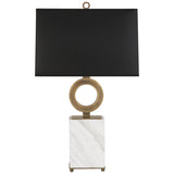 Robert Abbey Oculus Table Lamp Warm Brass Finish w/ White Marble Base Black Painted Opaque Parchment Shade With White Lining