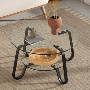 English Elm New Retro Minimalist Square Coffee Table Metal Frame Dual Tempered Glass Tiers W3226P295268